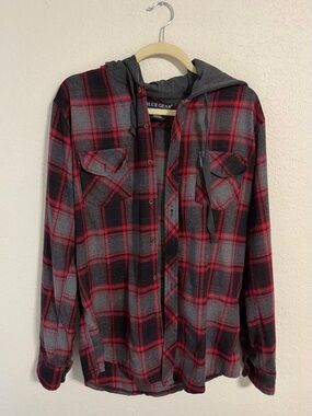 BLUE GEAR Black  Red Gray  Plaid Hooded Flannel Button-Front Shirt Medium